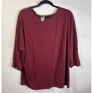 Chico’s Maroon Ribbed Dolman Sleeve Top Sz 3  XL Metallic Trim Soft Stretch